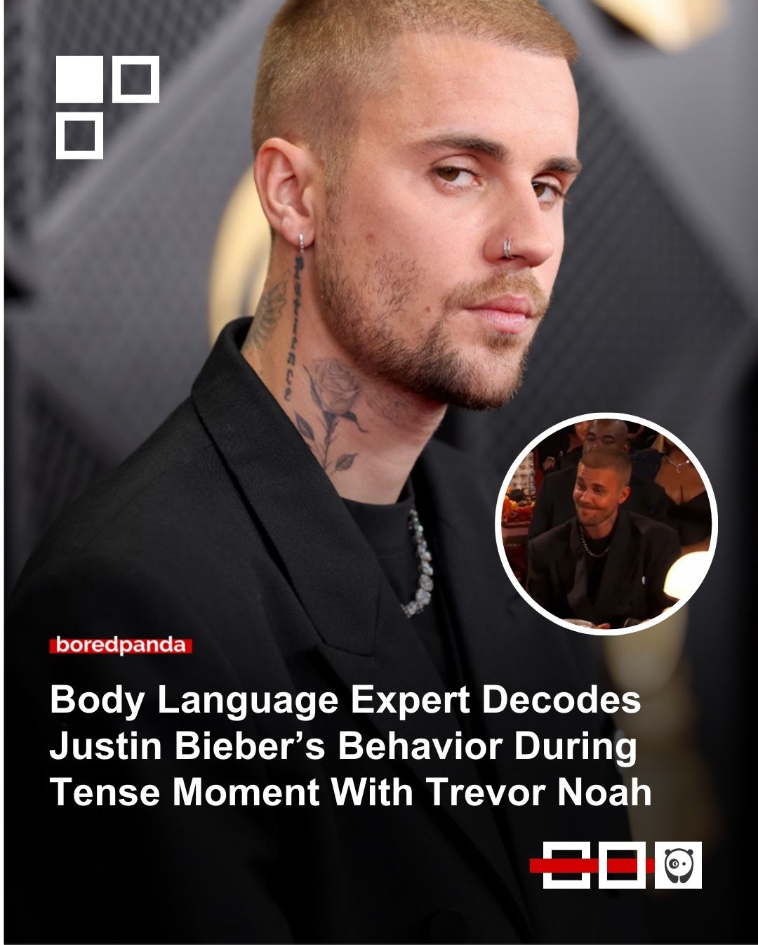 Justin Bieber has gone viral after appearing visibly tense during an awkward exchange with comedian Trevor Noah at the #Grammy Awards. Click link in bio for the story.