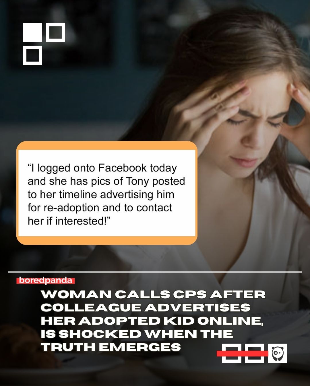 A woman claims her “super religious” co-worker has been adopting kids “like she’s building a football team”, but now the situation has taken a disturbing turn.

After adopting her eighth child, a boy from Ukraine, the mom has now decided he’s too “awful” and is trying to re-home him.

Not only did she post about it on Facebook, but she also emailed her entire company asking if anyone wanted to take him. Read the full story at the link in our bio.