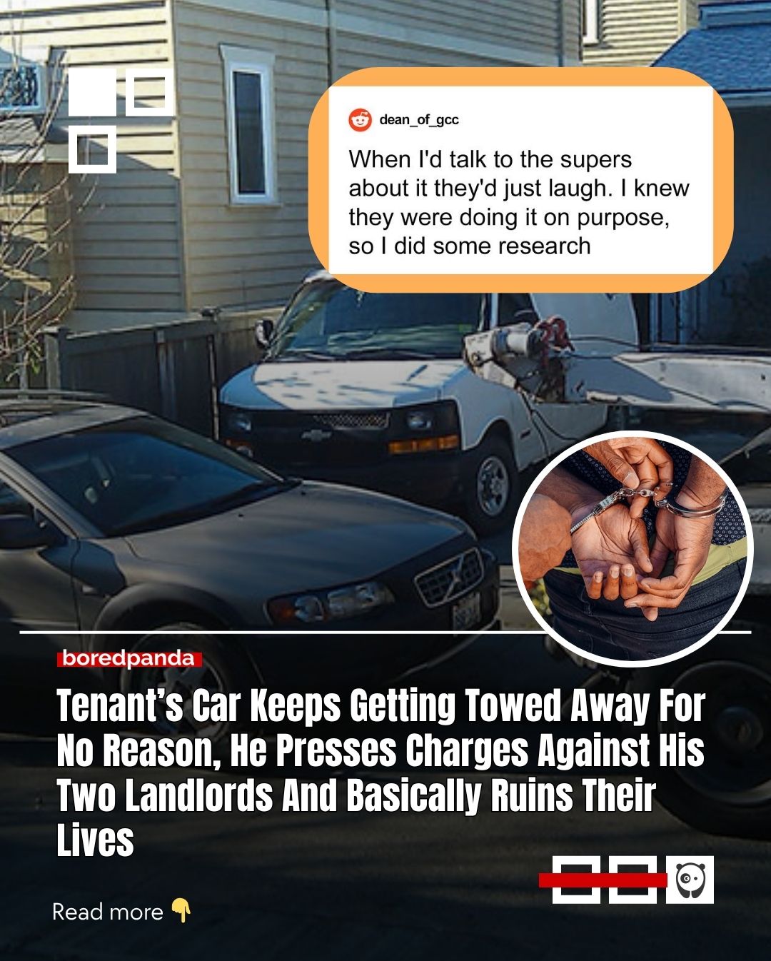 A tenant noticed their car getting towed, supposedly for not having a hang tag, but the photos proved otherwise. A week later, it happened again. And again. Nearly every day, the hassle kept escalating until they realized who was behind it.

After some research and a call to a lawyer friend, they finally hatched the perfect revenge.

Read the story at the link in our bio.