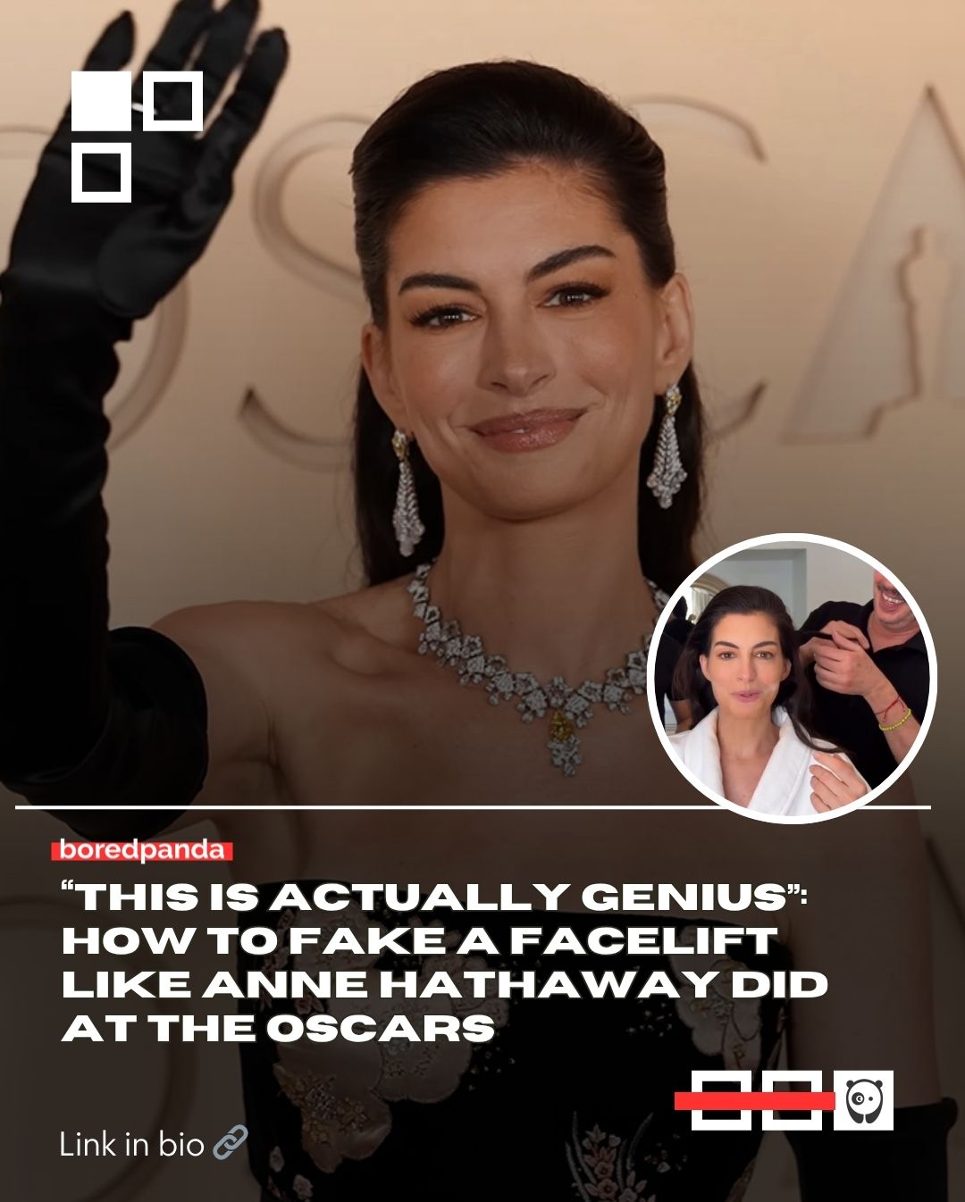 Anne Hathaway shared the “secret” trick behind her Oscars 2026 look that sparked “facelift” rumors on social media.

The video soon went viral, with fans trying the trick themselves and sharing the results with others online.

Some refused to believe her, while others were concerned that the fashion hack might cause long-term damage.

Read more at the link in our bio.

#celebrities #facelift