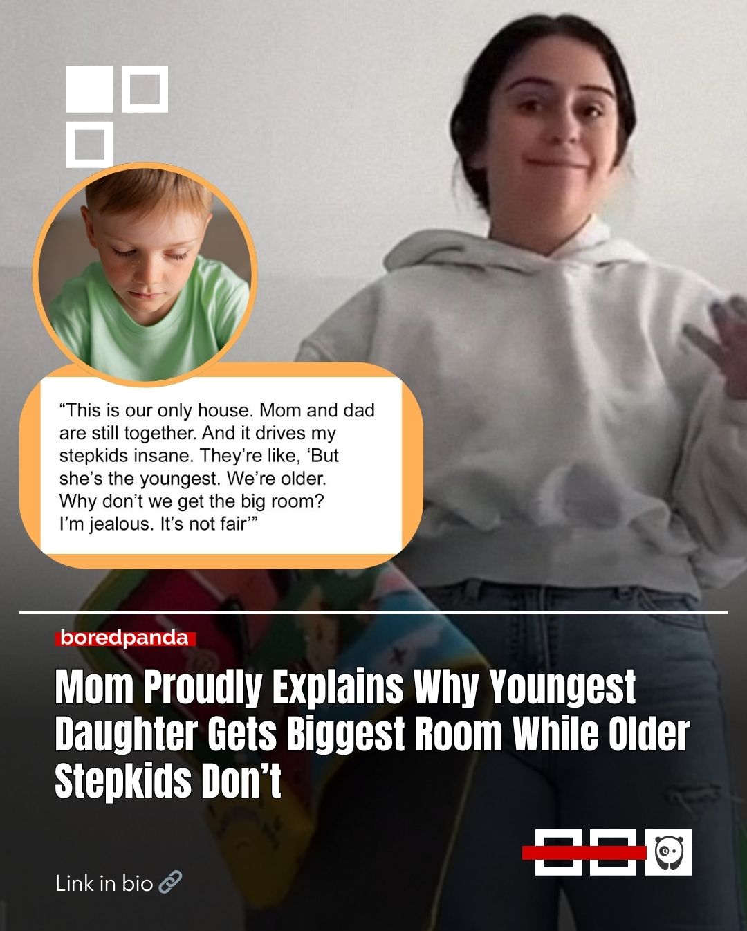 One stepmom recently went viral for putting her two stepkids in the smaller bedroom and giving the bigger one to her youngest biological daughter. She explained it by saying the stepkids ‘already have two homes fully stocked with anything they could ever want.’ But her reasoning sparked debate online. 

Was it fair, or was there something else behind her decision?"

Read the full story at the link in our bio.