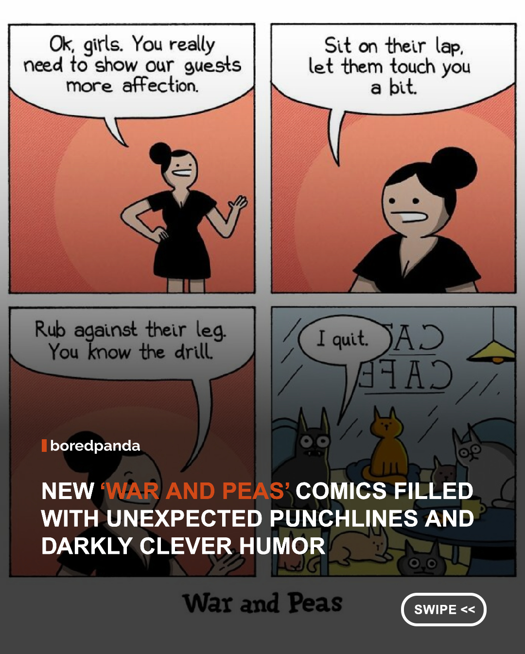 Created by German artists Elizabeth Pich and Jonathan Kunz, "War And Peas" has been delighting readers since 2011 with its unique blend of absurdity, dark humor, and brilliantly unexpected twists, leaving you wondering how your brain just agreed that something so dark was so funny. 

We’ve gathered a fresh new set of our favorite darkly funny comics. Swipe, enjoy the wonderfully twisted humor, and don’t forget to write down in the comments the ones that made you laugh the hardest!


#artist #comics #Elizabethpich #warandpeas