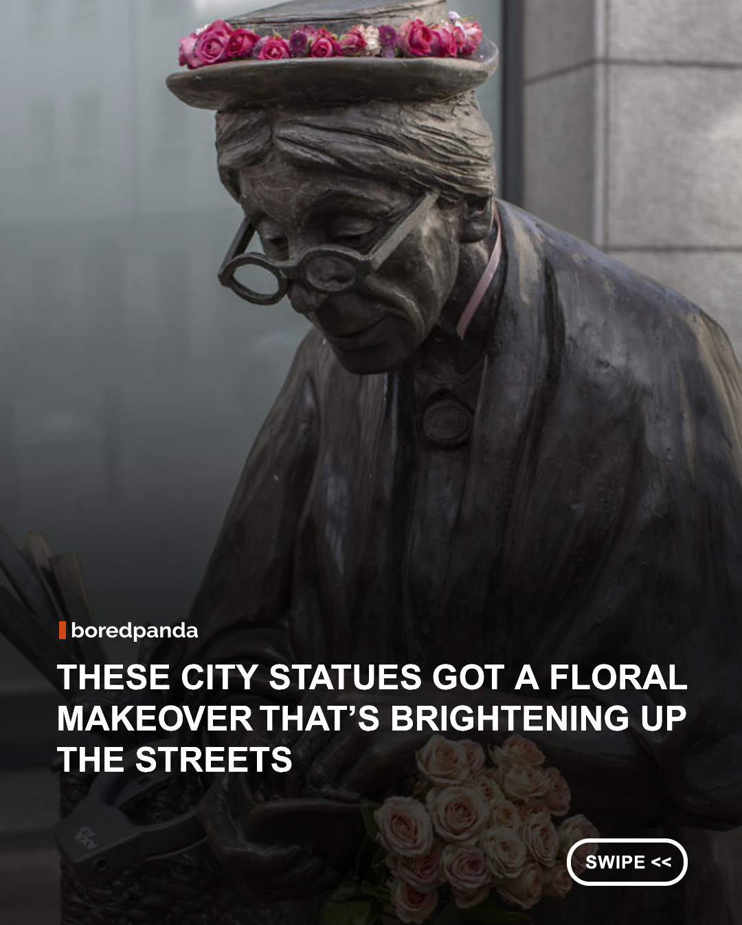 Geoffroy Mottart is a Belgian artist and florist who brings color and life to city streets in a surprising way. He places fresh flower arrangements on old public statues, giving them beards, crowns, and other floral details that stand out in the urban setting.