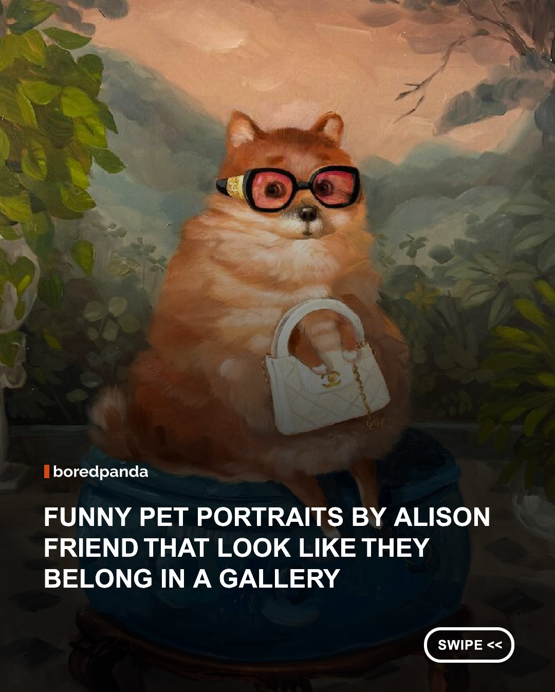 Animal portraits tend to be charming on their own, but Alison Friend gives them an extra layer of personality. In her paintings, cats, dogs, pigs, and other animals do more than simply pose for the viewer. What makes Alison’s work so instantly recognizable is the way she blends classic oil painting techniques with playful, modern humor. Her animals often look like they stepped out of an old portrait gallery, only to reveal very contemporary habits and moods.