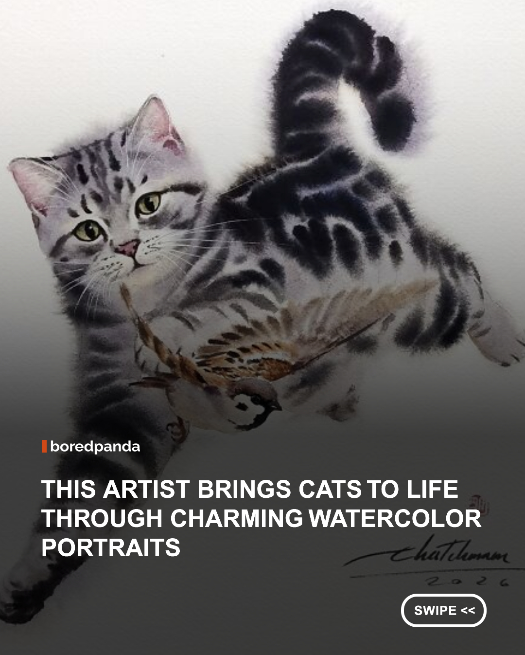 Thai painter Chatchawarn Ruksa focuses much of his work on felines, both big and small, fluffy and short-haired. His portfolio features cats in all kinds of situations, whether they're simply being their adorable selves or caught in action, chasing birds or interacting with other animals like frogs and ducklings. Using watercolor techniques, the artist achieves beautiful and surprisingly realistic results. #painting #watercolor #cats #waterpainting