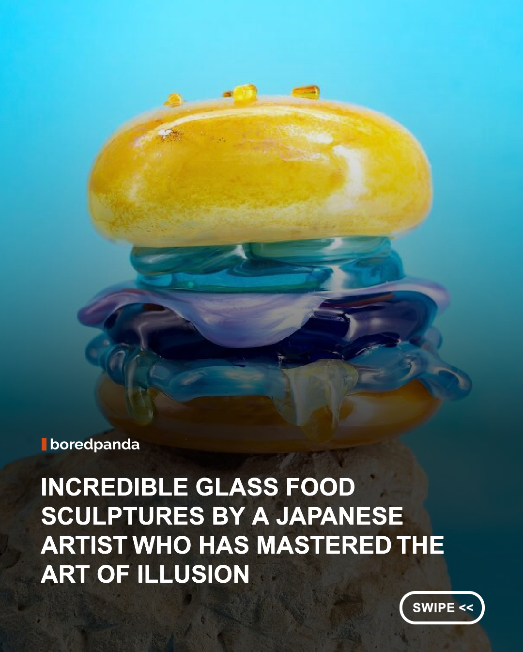 At first glance, Miwa Ito's creations look like they belong in the display case of a bakery or on the counter of a ramen shop. Fluffy pancakes topped with butter, glistening slices of sashimi, steaming bowls of noodles, delicate pastries, and glossy fruit all appear convincingly edible. Only after taking a closer look does the illusion reveal itself: every ingredient, garnish, and drop of sauce is made entirely of glass! #art #glassart #miwaito #Glass
