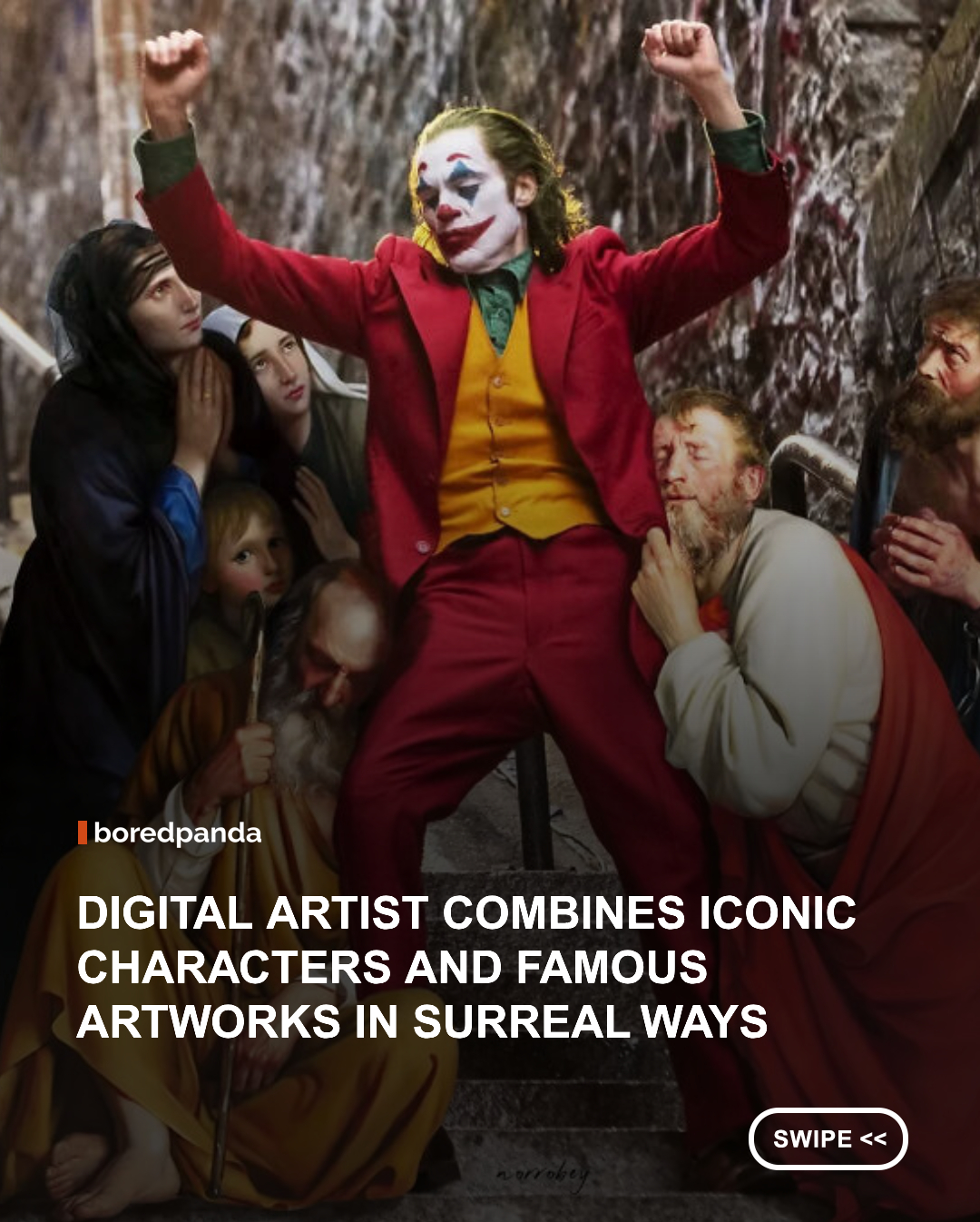 Digital artist Norrobey brings together worlds that were never meant to meet, and somehow makes them look like they belong in the same frame. His mashups and photo manipulations combine famous movie characters, musicians, historical paintings, sculptures, and familiar pop culture scenes into images that feel both unexpected and oddly convincing.