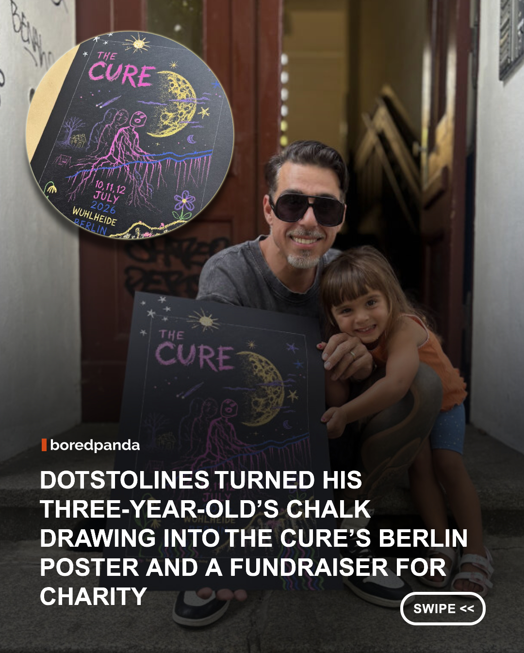 What began as an ordinary afternoon of chalk drawing on a California driveway turned into something extraordinary. Renowned tattoo artist Chaim Machlev, better known as DotsToLines, transformed drawings created by his three-year-old daughter Echo into the official poster for The Cure's Berlin concerts. Instead of correcting or redesigning her artwork, he carefully preserved the playful lines, spontaneous shapes, and childlike creativity that made the drawings so special. 



#Dotstolines #chaimmachlev #thecure #art