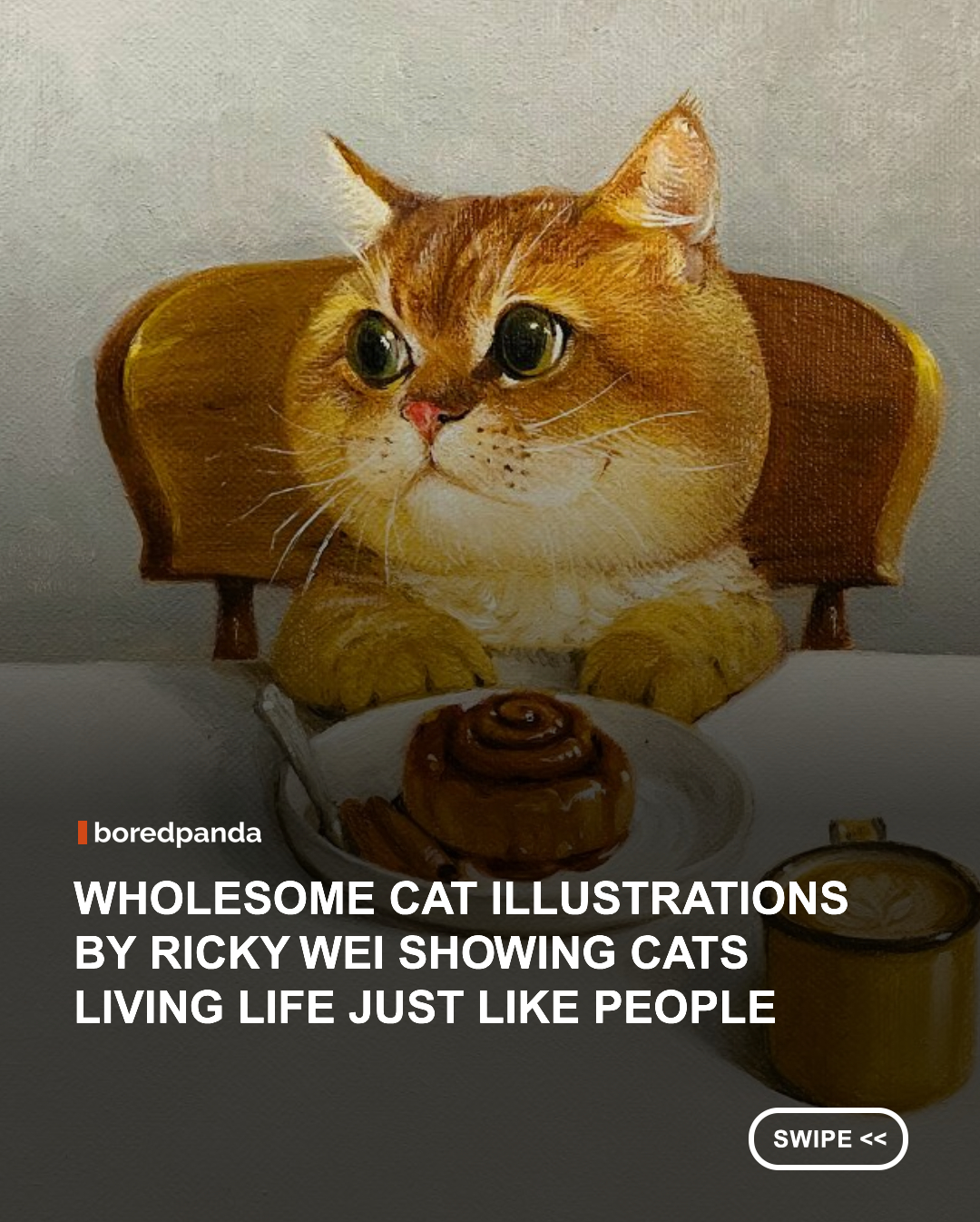 Ricky Wei is a Taiwanese illustrator creating a charming series of paintings featuring cats in surprisingly familiar, everyday scenes. His feline characters live in a world that feels very human – they ride buses, sit in cafés, explore seaside towns, and enjoy quiet moments that many viewers can relate to.