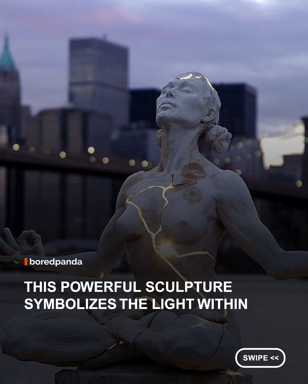 Expansion by artist Paige Bradley is one of New York's most recognizable contemporary sculptures. Depicting a meditating woman with light shining through the cracks in her body, the artwork symbolizes personal growth, resilience, and the idea that true strength comes from within. Its powerful message has inspired millions, reminding us that our imperfections can become the source of our greatest light. 💡