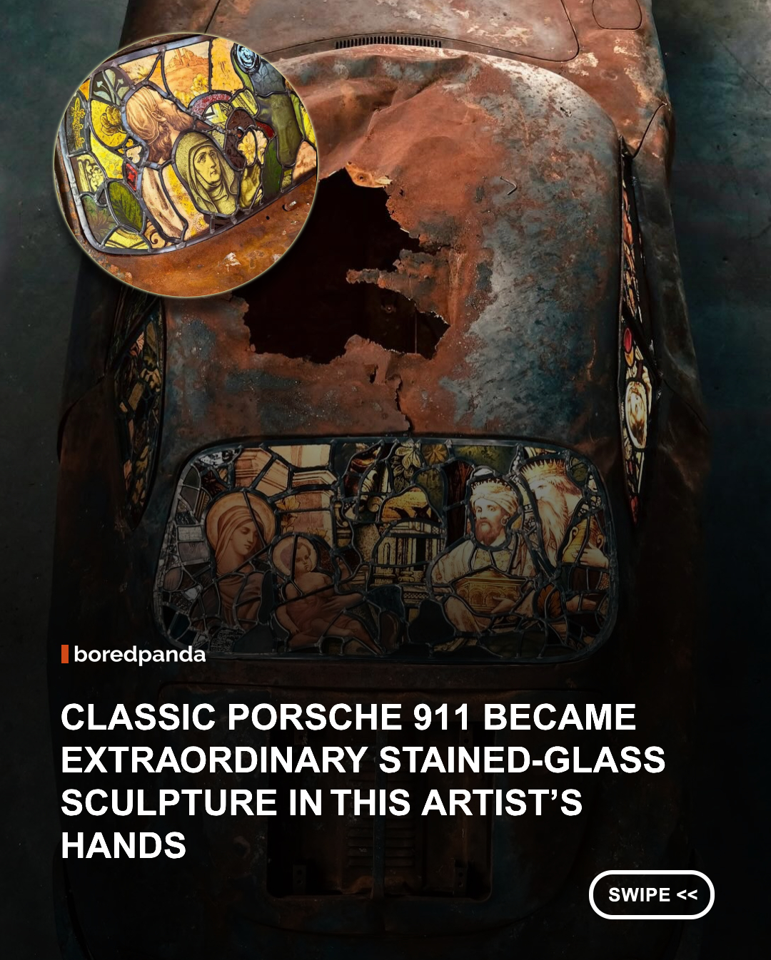Artist Ben Tuna transformed a Porsche into a breathtaking stained glass-inspired artwork using vibrant colors and intricate geometric patterns. The eye-catching design creates the illusion of real stained glass, blending classic craftsmanship with modern automotive design and turning an iconic sports car into a rolling masterpiece. 🎨 #art #cars #porsche #BenTuna
