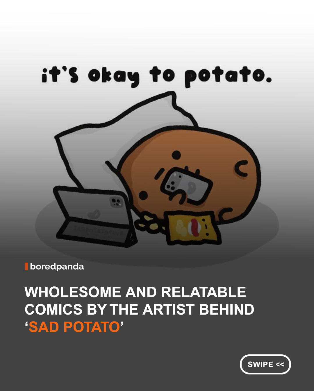 Today, we're delighted to introduce a series you might already be familiar with. Sad Potato Club has been entertaining readers for years and has gathered more than 500k followers on Instagram – and for good reason! The artist's illustrations feature a lovable potato as the main character, who, despite the simple art style, perfectly captures the relatable moments and emotions that so many of us experience. #sadpotato #comics #sadpotatoclub
