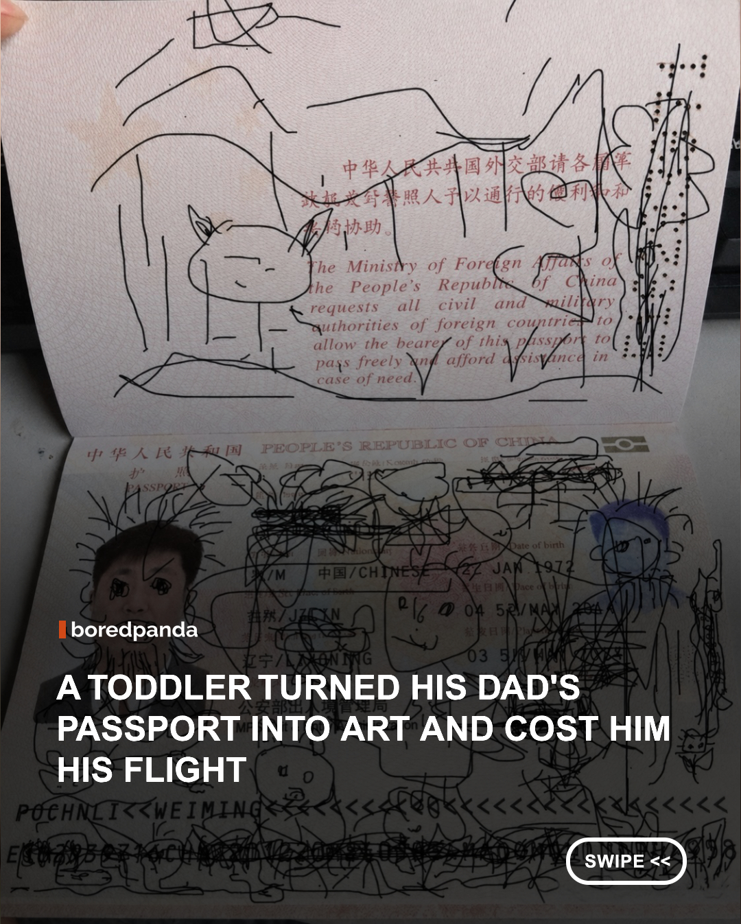 It only took one toddler, one black marker, and a few quiet minutes for an ordinary passport to become an unforgettable work of "art." Covered in stick figures, colorful doodles, and imaginative additions to the owner's official photo, the travel document quickly went viral as one of the internet's most relatable parenting disasters.

According to reports shared at the time, the father discovered his young son's masterpiece just before traveling. With the passport's identification page and machine-readable section covered in drawings, he was unable to board his flight and ultimately missed it while trying to resolve the issue. The story quickly spread online, serving as a humorous but memorable reminder that damaged passports can be rejected at border control, and that suspiciously quiet toddlers are often creating chaos somewhere nearby.  #viral #flight #paspport 