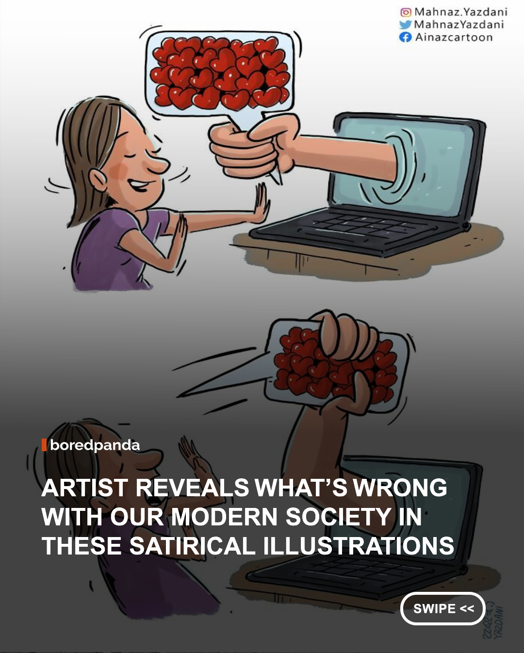 A successful editorial cartoon can distill a complex issue into a single image without sacrificing nuance. That ability defines the work of Iranian cartoonist, illustrator, and animation director Mahnaz Yazdani, whose visual metaphors examine subjects ranging from war, poverty, and displacement to education, mental health, environmental challenges, and everyday acts of humanity. With more than two decades of experience and dozens of international awards, she has established herself as one of the leading voices in contemporary editorial cartooning.