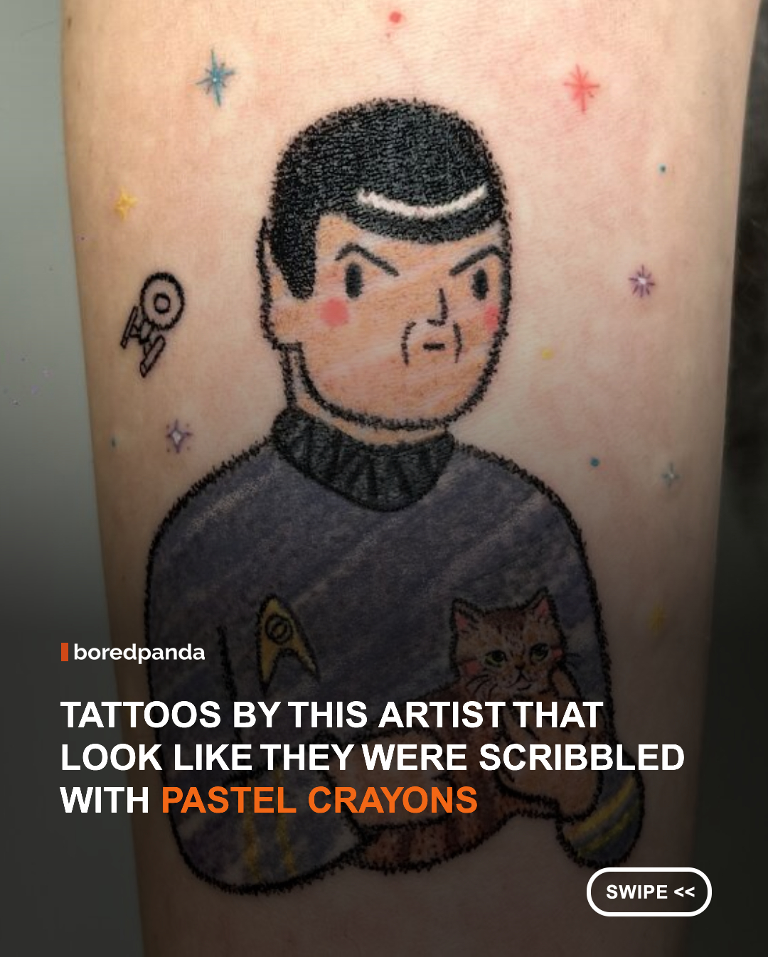 İzmir-based tattoo artist Doğa Güney is proving that tattoos don't always need perfectly straight lines and flawless precision to be beautiful. Instead, her colorful, textured designs embrace the charm of pastel crayons, broken lines, soft edges, uneven pigment, and playful colors that sometimes spill outside the lines.

 With a background in animation and a love for illustration, Güney developed a distinctive style inspired by the freedom and spontaneity of childhood drawings. Although her tattoos may look effortless or imperfect at first, every irregular detail is carefully chosen to make the artwork feel more alive and personal.

For Güney, the goal isn't perfection. It's capturing what she calls the “perfection of imperfection”, those little quirks and unexpected details that make art feel genuinely human.