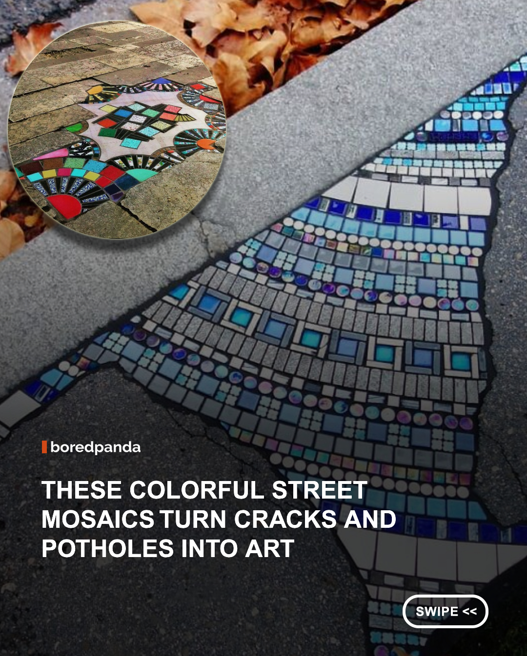 Ememem is an inventive artist who fills potholes in his home city Lyon, France with beautiful mosaics to brighten the days of anyone who spots them during the day. The street artist decided to draw people’s attention to the deplorable condition of roads and sidewalk safety in France. You could say Ememem is set on a mission: patching up his city’s broken pavement by filling potholes with colorful works of art—mosaics that turn eyesores and traffic hazards into things of beauty.

By creating colorful tiled mosaics in the potholes riddling the streets of Lyon, Ememem has become the latest artist to offer his take on this public nuisance. Thanks to his efforts for the last 10 years, some of Lyon’s sidewalks and splintered facades are now filled with colorful mosaics that are both creative and unique. #Art #mosaics #Ememem