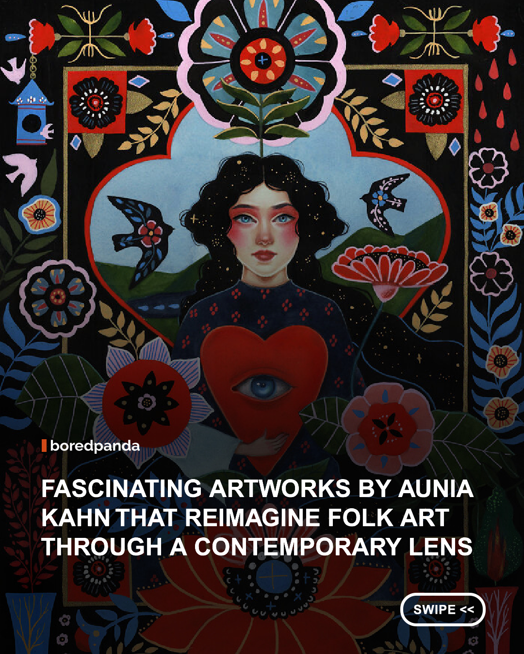 For artist Aunia Kahn @auniakahn, finding her artistic voice meant letting go of the work others already knew. After 20 years of creating professionally, she reached a point where making art felt less like curiosity and discovery and more like chasing progress, meeting goals, and trying to get back to the technical skills she had before. Eventually, she realized that the work needed to feel like hers again.

That shift brought her back to what had always surrounded and inspired her: the maximalist colors of her home, the clothes she loved, the art she collected, and the folk art she had always been drawn to while growing up with Polish and German grandparents. After spending most of her career working primarily in digital art because of her allergies to traditional materials, she finally explored gentler mediums like watercolor. It felt almost like starting over, and through that process, she began creating work that felt more personal, playful, colorful, and connected to the world around her. #Art #folkart #digitalart
