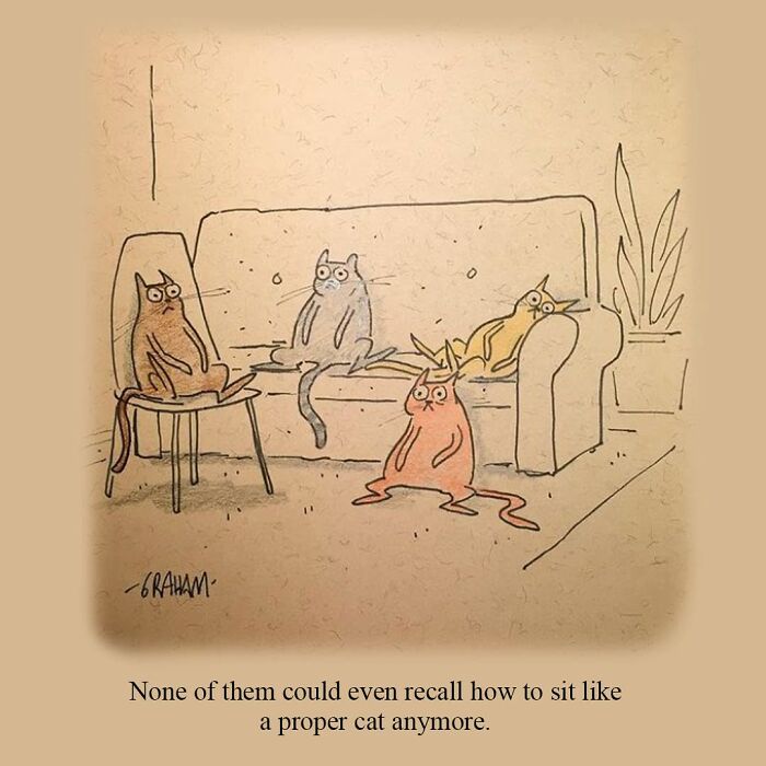  
If there's one thing the internet never seems to get tired of, it's cats. Their unpredictable antics and larger-than-life personalities have inspired countless memes, videos, and comics over the years.

Canadian cartoonist and filmmaker Graham Annable, better known as Grickle, has turned that endless source of inspiration into a series of delightfully absurd one-panel comics. With minimalist drawings, expressive characters, and a clever sense of humor, he transforms familiar cat behaviors into surreal scenarios that are equal parts bizarre and relatable. Whether he's poking fun at feline quirks or adding unexpected twists to everyday situations, every comic offers a glimpse into Grickle's wonderfully offbeat imagination.
