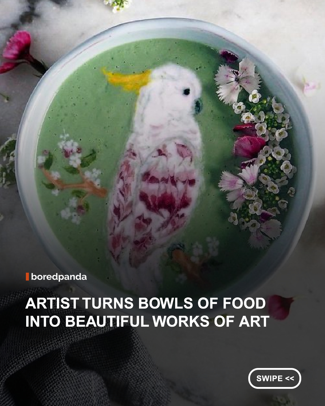 What looks like a beautiful painting at first glance is actually something you could eat. Artist Hazel Zakariya creates intricate works of art inside bowls using food as her medium.

Instead of traditional paints, she works with ingredients such as smoothies, yogurt, sauces, fruits, vegetables, and other edible ingredients, carefully arranging colors and textures to create detailed portraits, animals, flowers, and dreamlike scenes. 🌸🦋

Her creations combine food styling with painting and illustration, turning an ordinary bowl into a miniature canvas.