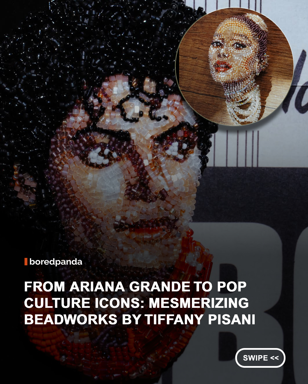 Tiffany Pisani is an Italy-based bead and embroidery artist who creates highly detailed figurative pieces using thousands of tiny beads and crystals. Her work sits at the intersection of embroidery, mosaic art, jewelry, portraiture, and pop culture, transforming familiar faces and cultural references into intricate, hand-crafted works of art.

Her work received a major burst of attention at the 2026 Golden Globes, when Wicked director Jon M. Chu discovered Nerdbead on Instagram and commissioned two custom beaded brooches depicting Ariana Grande and Cynthia Erivo, the stars of his film. The miniature portraits were made using approximately 10,000 micro beads, turning Pisani’s painstaking craft into an unexpected red-carpet statement.