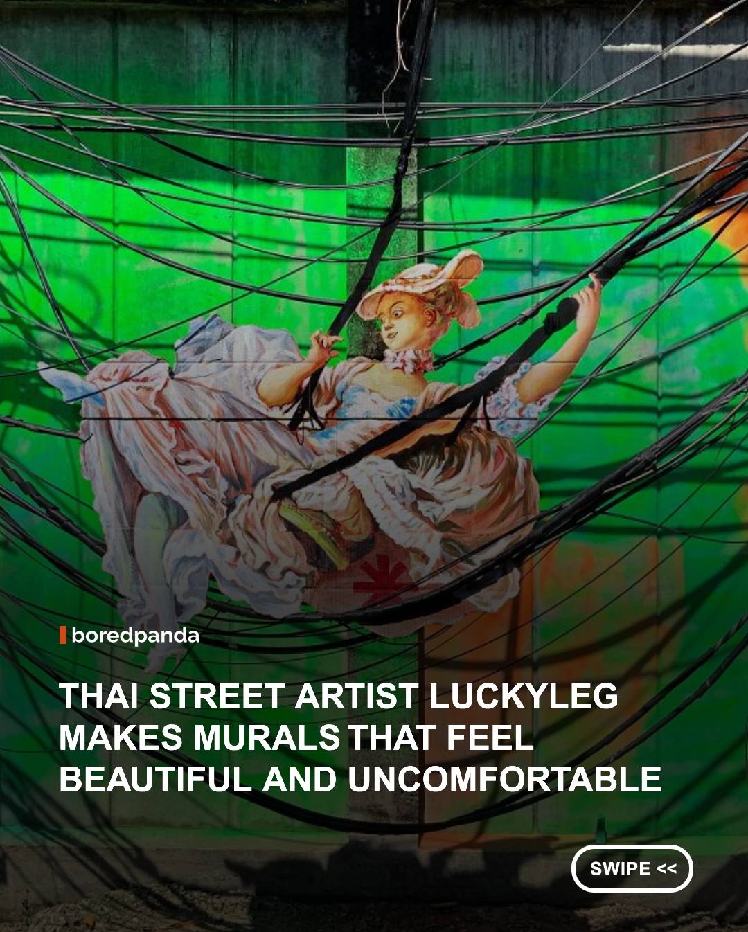 Thailand’s street art scene has a way of turning everyday walls into open-air editorials that can be absorbed in a quick glance, but then keep you thinking long after you’ve walked away. That tension between immediacy and deeper meaning is exactly where Thai street artist LuckyLeg likes to work. He moves between street murals, painting, sculpture, and digital work, utilizing a strong painterly foundation to create images that appear polished on the surface, and rebellious and confrontational underneath. Across his pieces, LuckyLeg continually circles the same big questions: how power operates, how ideology becomes normalized, and what human rights look like when they’re filtered through real life.