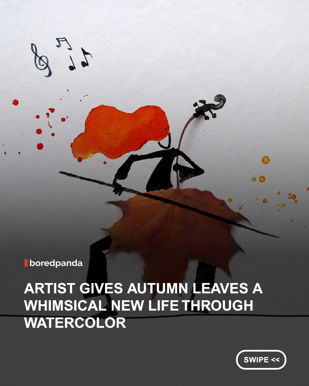 What happens when an artist looks at an ordinary autumn leaf and sees an entire little story waiting to happen? 🍂 

Berlin-based artist, illustrator, and storyteller Allen Shaw turns fallen autumn leaves into playful watercolor illustrations, using their natural shapes as the starting point for imaginative characters, scenes, and tiny moments. He photographs the leaves first, studies their shapes and compositions, and then adds watercolor drawings to bring each one to life.  

From dancing figures and musicians to whimsical adventures and unexpected characters, every leaf becomes something completely different. What makes the series even more charming is how naturally the drawings work with the shape of each leaf, making it feel like the artwork was hiding there all along.  

Allen’s creative approach is a beautiful reminder that inspiration can be found almost anywhere, even in the leaves people normally just walk past. Sometimes autumn really does leave the best ideas lying on the ground.  

#Art #watercolor #painting #Fall #autumn