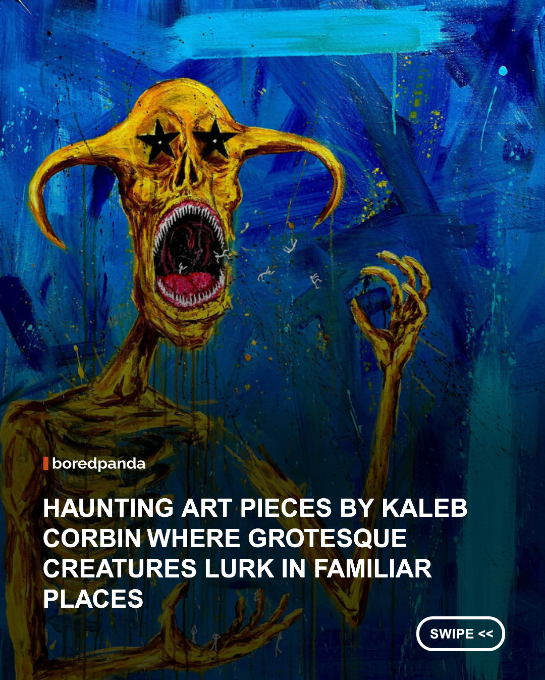 Graffiti doesn't usually share wall space with fine art, and grinning skulls don't usually sit next to something almost tender. But in Kaleb Corbin's paintings, both belong together, part of a visual world built from bold color, loose figures, and symbols that shift between playful and unsettling. That contrast defines his work, where rough, street-inspired mark-making meets gallery-ready canvases. 

Corbin's paintings grow out of real, weighty subject matter. Themes of personal struggle and hard times surface again and again, shaped by the graffiti-inspired visual language that runs through his compositions. Drawing on urban visual language, he freely merges abstraction and figuration, letting faces, objects, and city scenes blur into color and gesture just as they start to feel too settled. The result is work that confronts the viewer with real intensity and depth, even as a recurring skull or reaper gives it a dark, wry sense of humor. 