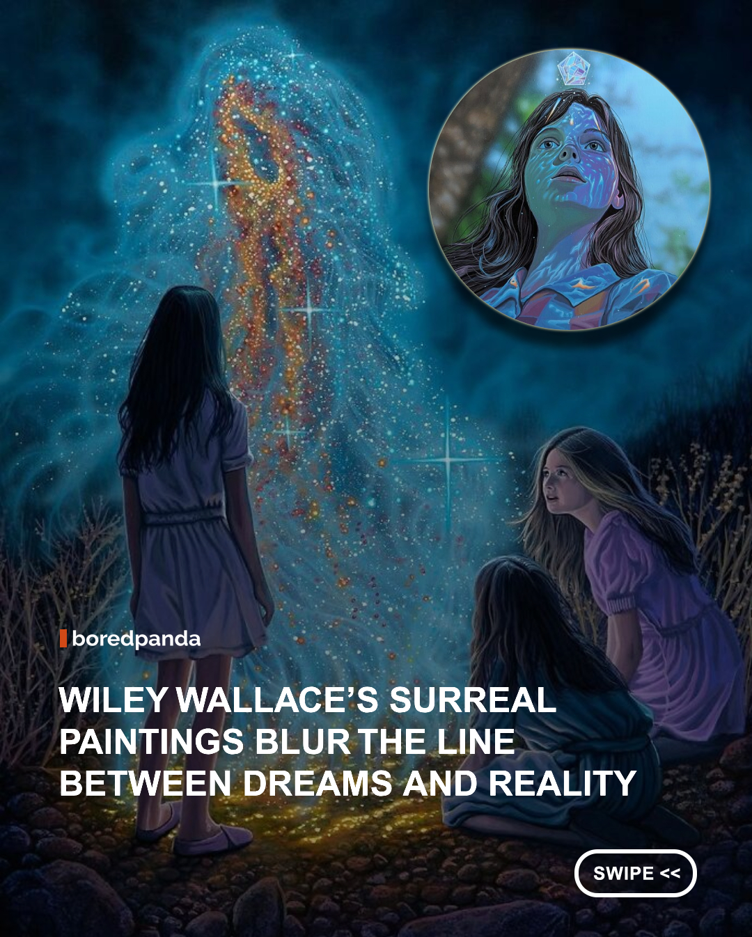 Wiley Wallace’s @wileywallace paintings seem to exist in the few seconds between waking and remembering what was real. Children wander through barren landscapes, glowing geometric forms hover in the air, skeletons appear as companions or warnings, and enormous storms seem charged with something far stranger than electricity. Rendered with remarkable realism, these scenes feel familiar enough to enter, yet mysterious enough to make us wonder what rules govern the worlds beyond them.