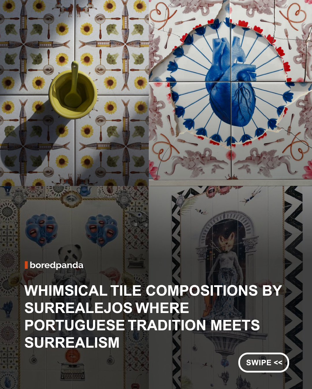 Few things say “Portugal” quite like azulejos. Introduced through Moorish influence, the painted ceramic tiles have covered the walls of palaces, churches, and convents for centuries. So it takes some nerve to mess with them, and Luca Colapietro did it in the most surreal way possible.

Colapietro @surrealejos was born in Bari, Italy, in 1982, and spent his early career in advertising, including a stint as an art director at a multinational in Milan. The idea for Surrealejos came to him in Lisbon, in a dream. He saw a building covered in azulejos, but instead of geometric patterns, the tiles were filled with living, photographic elements. The next day, he decided to make the dream real.