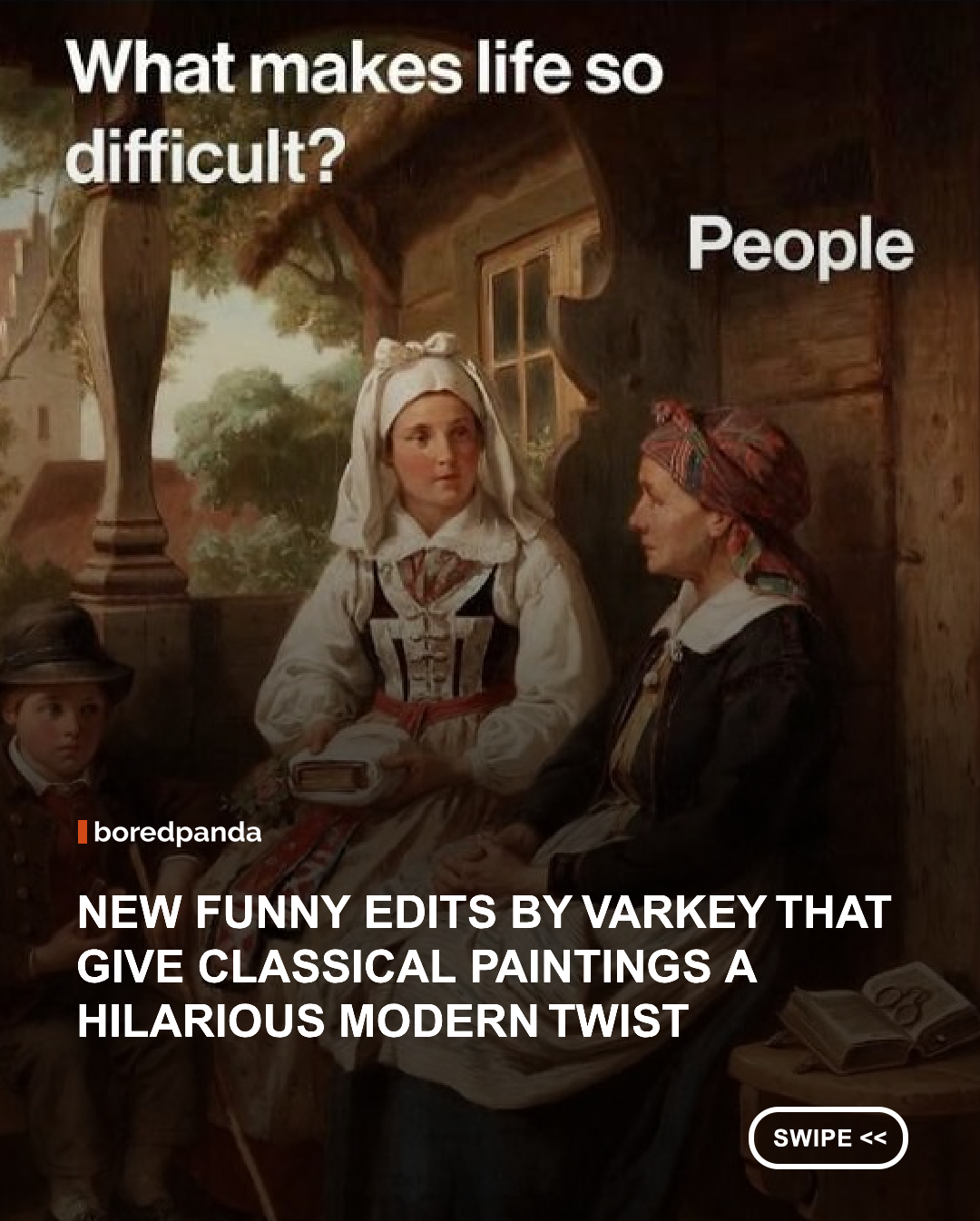 Varkey is well known for giving centuries-old masterpieces a very 21st-century sense of humor. His edits pair classical paintings with witty captions and painfully familiar situations, turning dramatic glances into relationship problems, grand gatherings into social nightmares, and serious portraits into reactions to the everyday nonsense we all know too well.