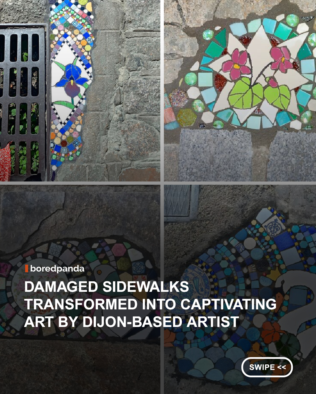 What if potholes could become tiny works of art instead of annoying holes in the road?

Since 2023, French mosaicist Fanny Pitoiset has been filling potholes around Dijon with colorful, handmade mosaics, transforming damaged patches of concrete into unexpected bursts of art. Her goal is to bring “fantasy, poetry, and color” into everyday life where there was once only grey.

Inspired by her artistic upbringing and reigniting her passion for art during the pandemic, Fanny has created 35 mosaics across the city over the past three years.

From choosing the perfect pothole to selecting colors, preparing the pieces, and installing the finished mosaic, her creative process turns neglected corners of the city into something people can actually stop and admire. #Art #Mosaicart #FannyPitoiset