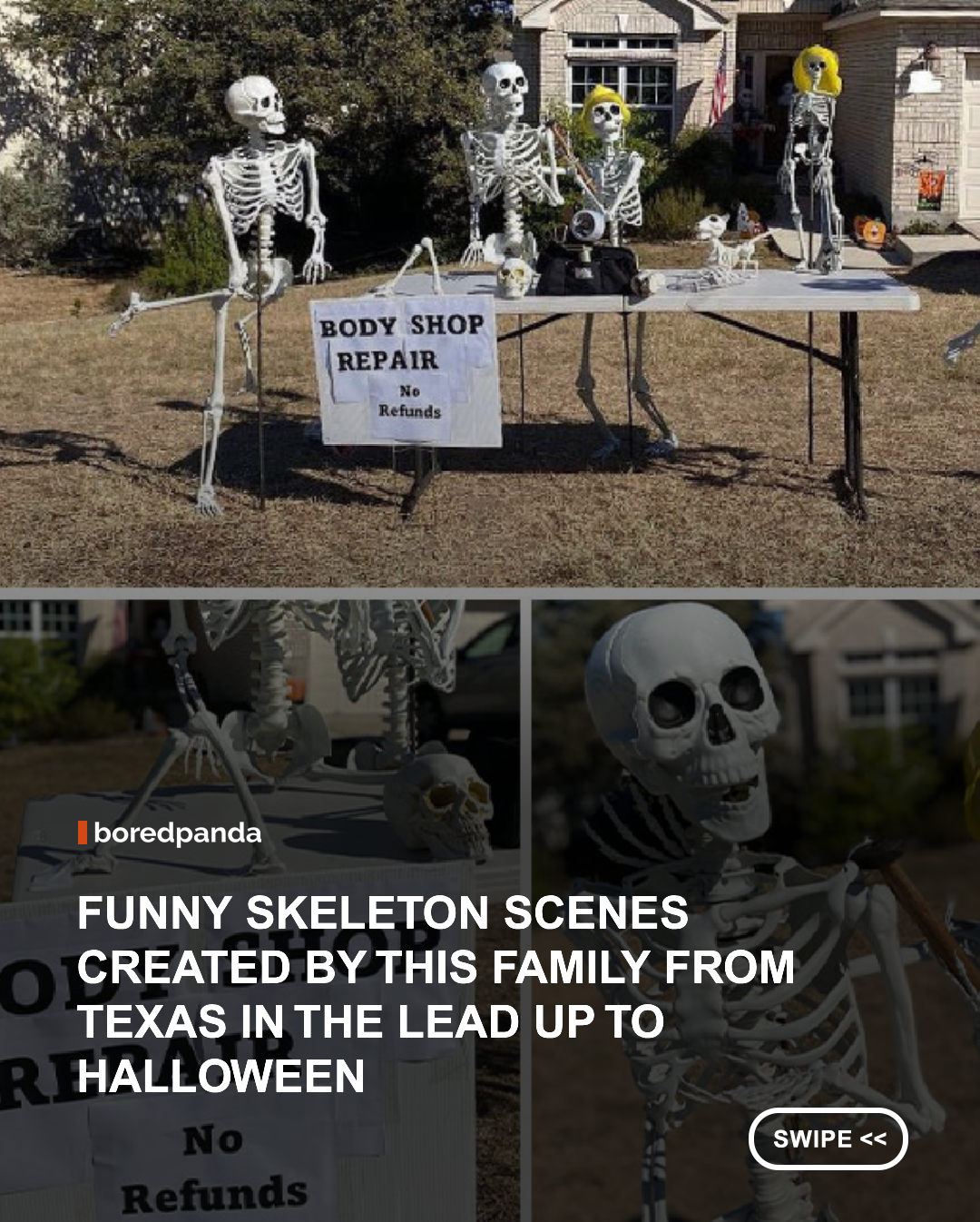 Every October, one family in San Antonio turns their front yard into a completely new skeleton scene every single day.

What started in 2020 with two human skeletons and a skeleton dog has grown into a full Halloween tradition, with the family creating 31 different setups throughout the month. The skeletons have been spotted playing Twister, camping, breakdancing, having a BBQ, visiting a vet, performing in an orchestra, and even recreating scenes from The Wizard of Oz


The displays usually take between 20 minutes and an hour to set up, with ideas often coming from the family’s kids and inspired by movies and pop culture. What began as a little family competition eventually became something the whole neighborhood looks forward to every Halloween.

At this point, these skeletons have a more active social calendar than most of us.

#Halloween #HalloweenDecor #Skeletons #HalloweenDisplay #SpookySeason   