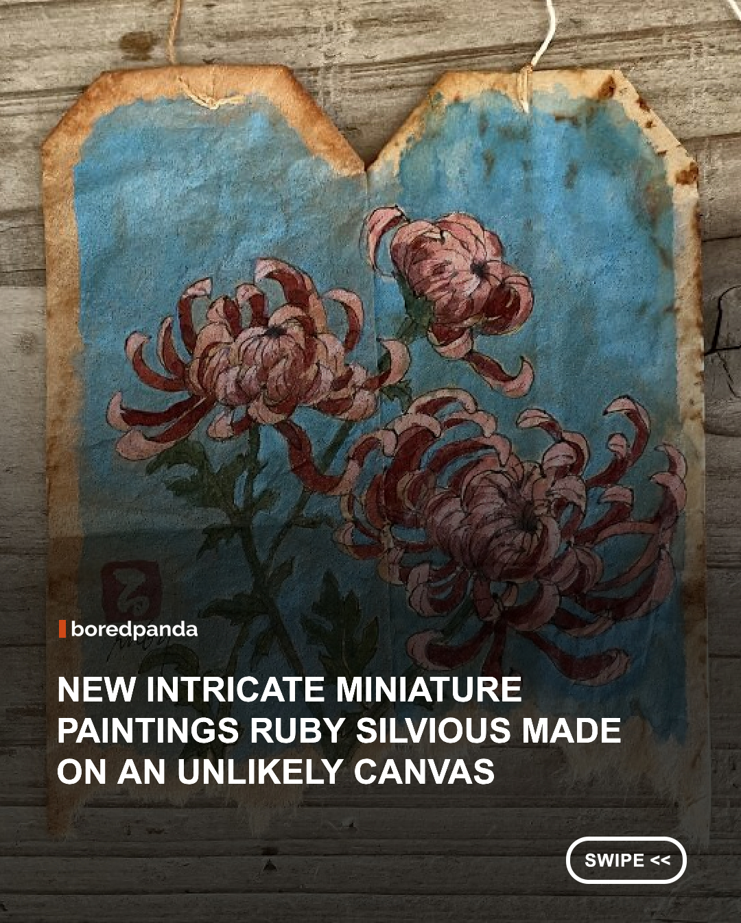 Ruby Silvious @ruby_silvious has spent years proving that even the most ordinary materials can become something worth looking at twice. For the New York-based artist, that has often meant turning something most people would simply throw away- a used tea bag- into a miniature canvas for detailed paintings and unexpected compositions.  Silvious first gained widespread attention with her “363 Days of Tea” project, during which she created a new work on an emptied tea bag for 363 consecutive days. Since then, her experiments have expanded far beyond tea, with eggshells, leaves, wine corks, vintage envelopes, paper bags, and receipts all becoming unconventional surfaces for painting and collage.  
