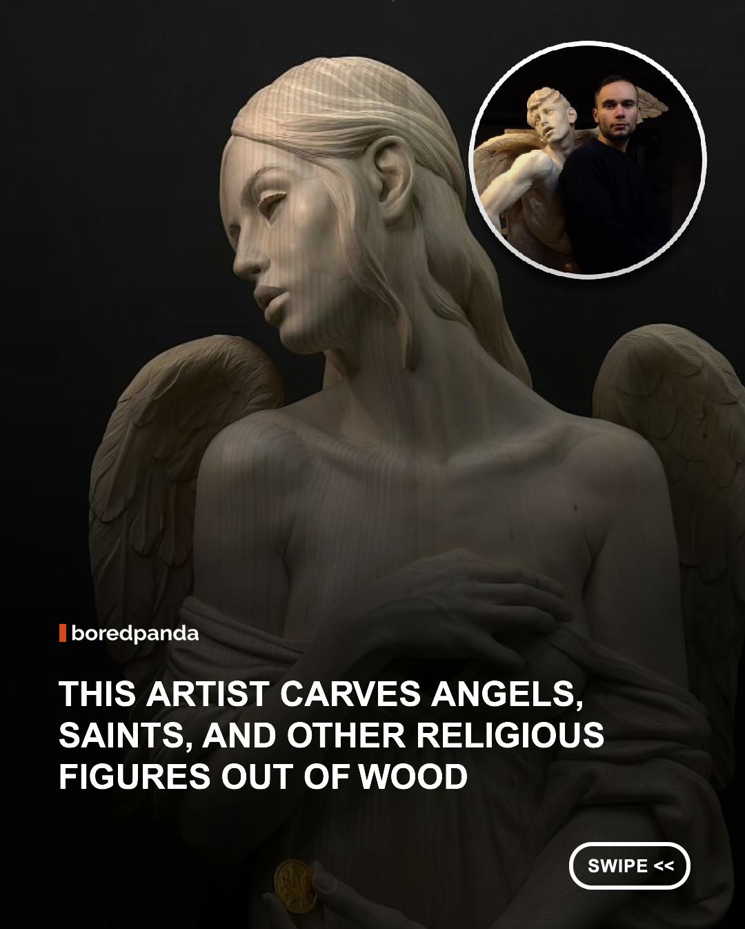 It’s amazing how much life an artist can bring to a simple block of wood. Polish sculptor Michał Kulig, who shares his work under the name Pracownia Sztuki Własnej, creates incredibly detailed wooden statues that almost seem ready to move. From subtle facial expressions and realistic anatomy to flowing garments, intricate feathers, and individual strands of hair, his sculptures demonstrate remarkable attention to detail.

Much of Kulig’s work draws inspiration from religious themes, featuring angels, Jesus, saints, and other biblical figures. However, his creations also include more imaginative subjects, often combining traditional sculpting with unexpected details. What makes these pieces particularly fascinating is the emotion they convey. Some figures appear peaceful and contemplative, while others capture dramatic moments through their expressions, gestures, and poses.