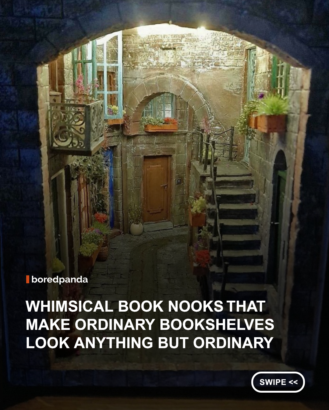 A book nook is a miniature scene designed to fit between the books on a shelf, transforming an ordinary bookcase into a tiny world of its own. These little displays can recreate cozy streets, magical libraries, enchanted forests, charming shops, and countless other imaginative settings.

Usually placed between rows of books, book nooks use tiny furniture, buildings, lights, plants, and intricate details to create the illusion of a miniature space extending deep into the shelf. Some are simple and cozy, while others are incredibly elaborate, with every tiny corner carefully designed.

We visited the Book Nooks subreddit and gathered some of their cutest photos of whimsical book nooks from around the world. Some are movie-themed or book-themed, while others are inspired by real cities. 