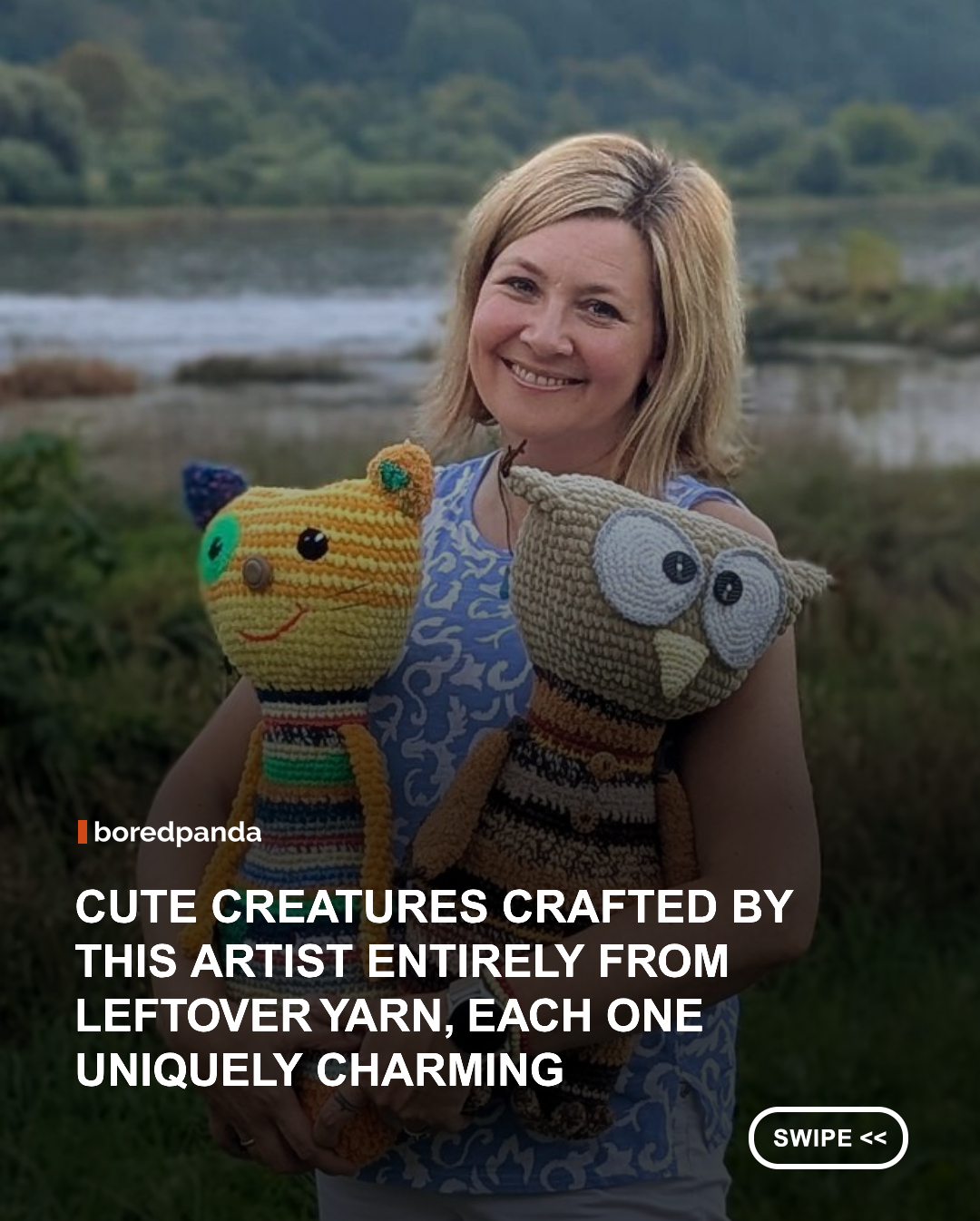 Anyone who crochets knows the problem. Finish a big project, and you're left with a pile of colorful odds and ends, too short for a sweater or a blanket and far too pretty to throw away. Most of those scraps end up in a drawer. Violeta Vasilevičiūtė-Pocienė decided to give them a job instead.

What began as a small zero-waste "rescue mission" turned into a whole menagerie of what the artist calls "scrap yarn creatures": owls, cats, foxes, bears, and frogs made entirely from leftovers. Instead of planning a color scheme, this passionate crochet artist attaches one random piece after another, so each pattern takes shape on its own. The results have mismatched ears, uneven eyes, unexpected stripes, and expressions ranging from mildly confused to clearly up to something. No two are alike.

For the artist, the creatures are a way to practice sustainable art and turn forgotten scraps into something cheerful. They're also a way to bring a few "colorful, funny little weirdos" into a world that can feel a bit too serious. Below are some favorites made over the years.