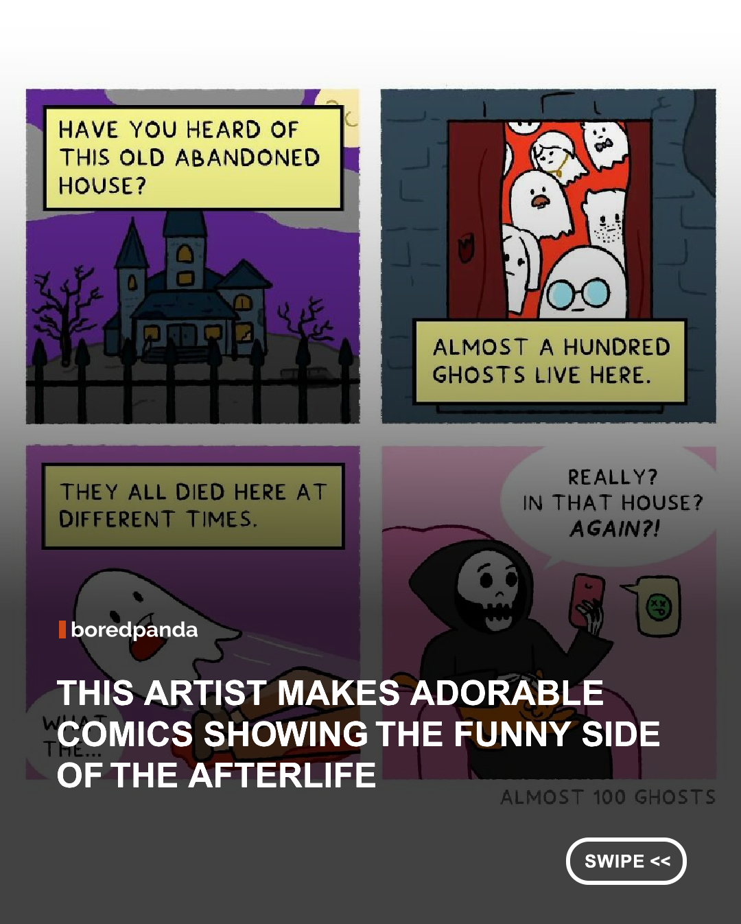 Artist Pavel explores the funny side of the afterlife in his comic series Almost 100 Ghosts, featuring nearly 100 little ghosts sharing an abandoned manor. Instead of spending eternity haunting humans, these spooky residents deal with crowded living spaces, awkward conversations, strange supernatural situations, and the occasional existential crisis.



Despite being ghosts, they still find plenty to complain about. Apparently, even death doesn’t save you from annoying housemates or having absolutely nothing to do. 💀



These charming comics give the afterlife a hilarious twist, proving that some everyday struggles might follow us even beyond the grave.



📸 Artist credit: @almost100ghosts



#Almost100Ghosts #Pavel #FunnyComics #Ghosts #ComicArt #Illustration #DarkHumor