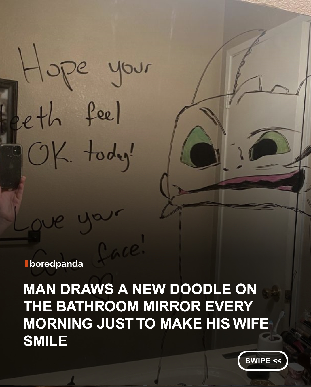 From funny little characters to clever drawings inspired by everyday life, this man's daily creations turn an ordinary bathroom mirror into a sweet surprise his wife gets to discover at the start of each day. His wife loved the drawings so much that she began sharing them online, giving everyone a glimpse into their adorable tradition. 

#DoodleArt #Funny #couple #wholesome