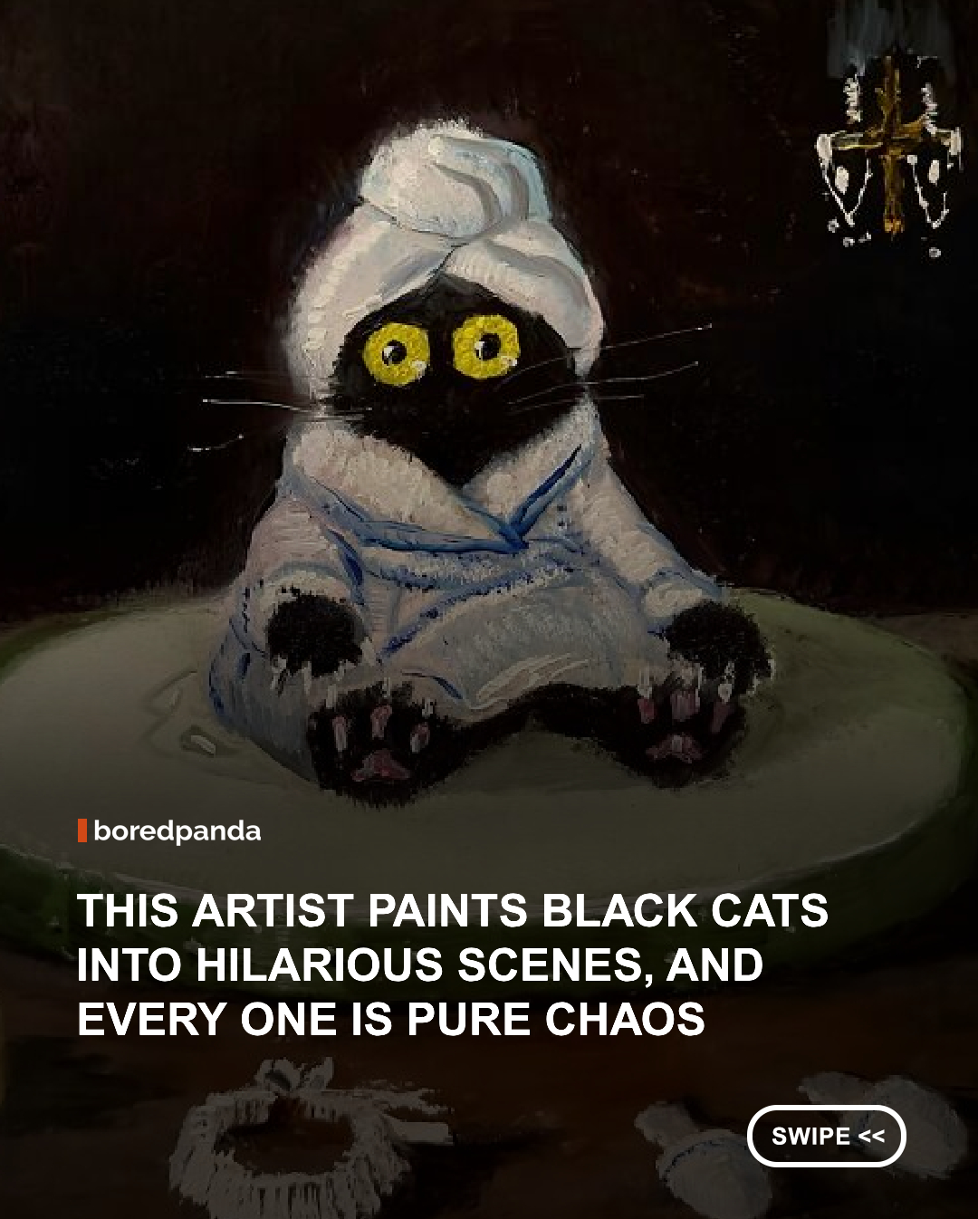 Australian artist Vanessa Stockard creates hilarious, surreal paintings featuring her unforgettable black cat characters, Kevin and Satan. From cats lounging like royalty to knocking things over, causing absolute chaos, and appearing in unexpected scenes, her artwork captures the wonderfully unpredictable nature of our feline overlords. 🖤

Inspired by art history, pop culture, literature, and everyday observations, Vanessa blends painterly details with absurd humor to create scenes that feel both artistic and completely unhinged. And keep an eye out for Kevin, the tiny crowned cat who loves making surprise appearances in her paintings! 👑

These masterpieces prove that cats don't need to behave themselves to become iconic. Honestly, most of them already act like they're the main characters anyway. 

Instagram: @vanessastockard

#VanessaStockard #CatArt #FunnyCats #BlackCats